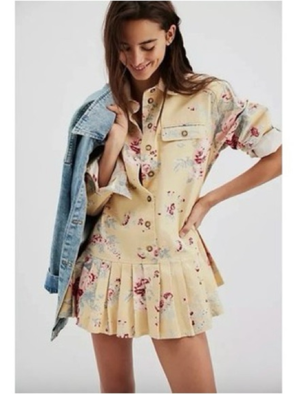 Free People Floral Pleated Shirt Dress in Light Yellow